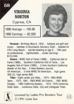 1991 Little Sun Ladies Pro Bowling Tour Strike Force #58 Virginia Norton Back